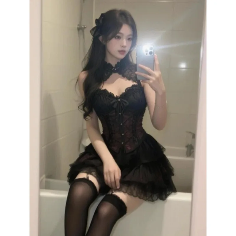 Sexy  Lace 2 Piece Set Vintage Design Halter Neck Y2k Tops + Puff Mini Skirt Female Elegant French Chic Retro Outfits Summer New
