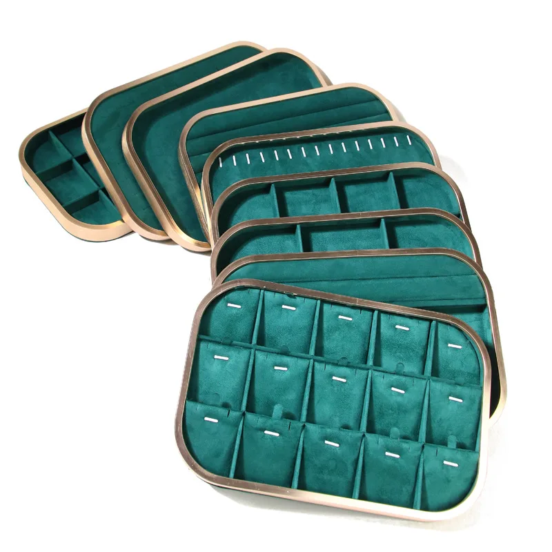 Green Velvet Multi Compartment Jewelry Display Tray Metal Rim Ring Earring Necklace Storage Organizer Tray
