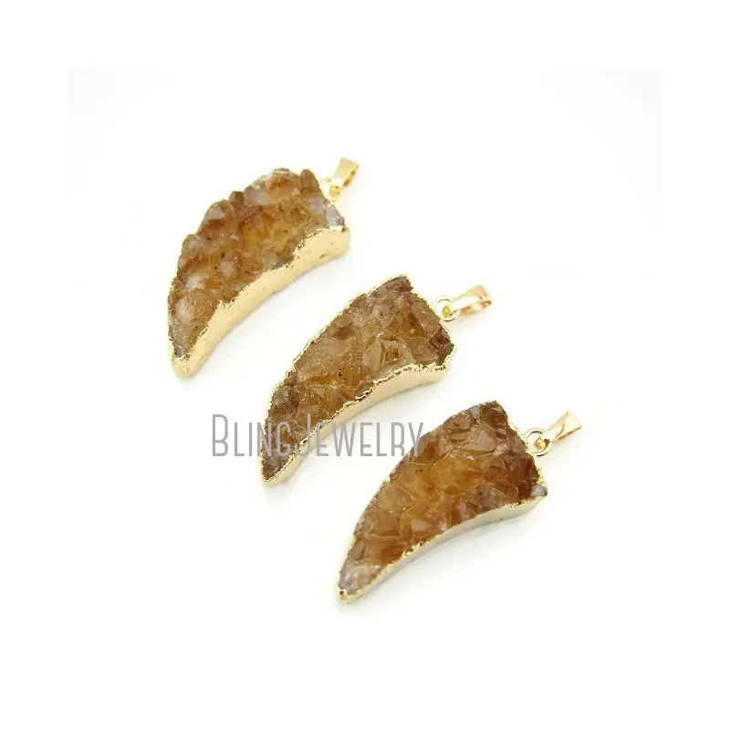 

PM13738 Citrine Crystal Druzy Drusy Horn Tusk Pendant Charm With Electroplated Edge