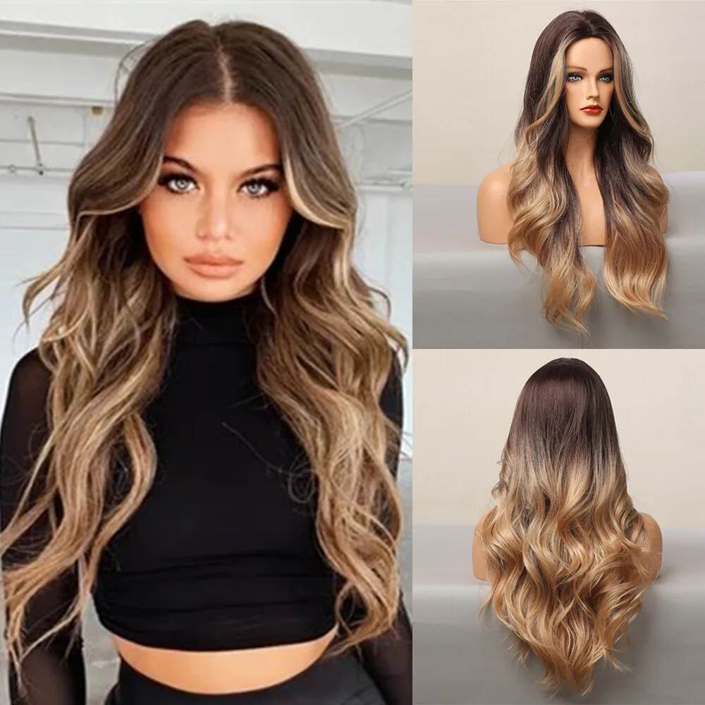 

Honey Blonde Highlighted Wigs Ombre Brown Long Body Wave Cosplay Hair for Women