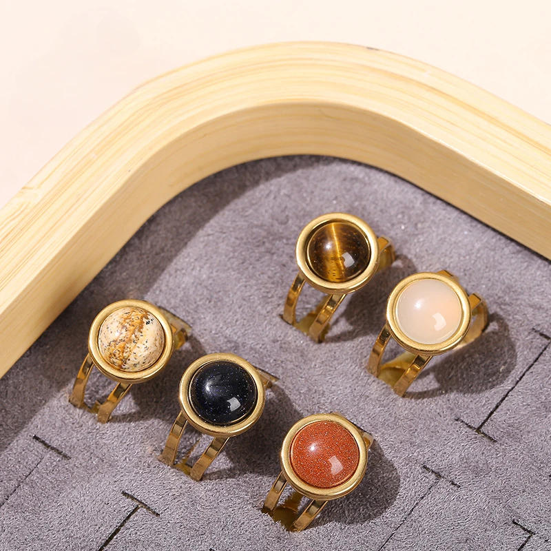 10pcs 10mm Natural Stone Stainless Steel Open Rings Women Boho Green Aventurine Black Agate Reiki Healing Crystal Finger Jewelry view 3