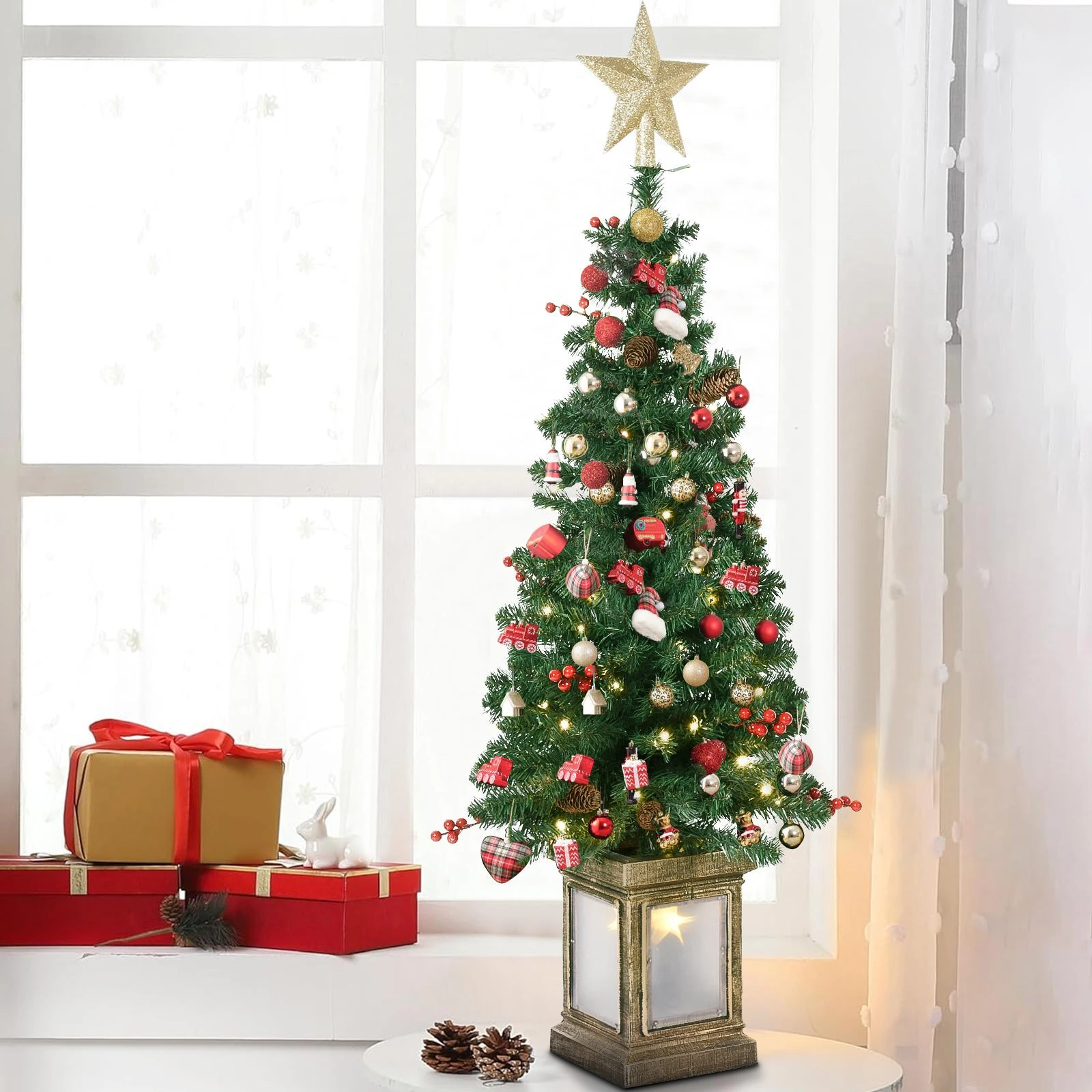 

Christmas tree Photography props 4/4.5Ft Christmas Lighted Christmas Faux Tree Realistic Potted Fake Tree with 8 Light Modes