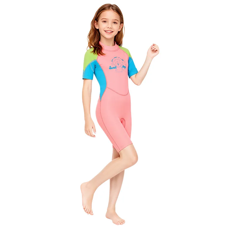 

Girls Boy 2.5MM Neoprene Shorty Wetsuit One Piece Thermal Swimwear for Kids Snorkeling Surfing Beach Water Activities