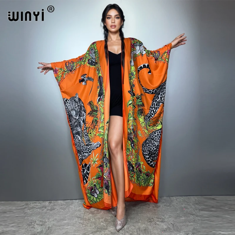 

WINYI bohemian Kimono loose Cardigan beach outfits woman cover up evening dress long down coat maxi kaftan luxury beachwear