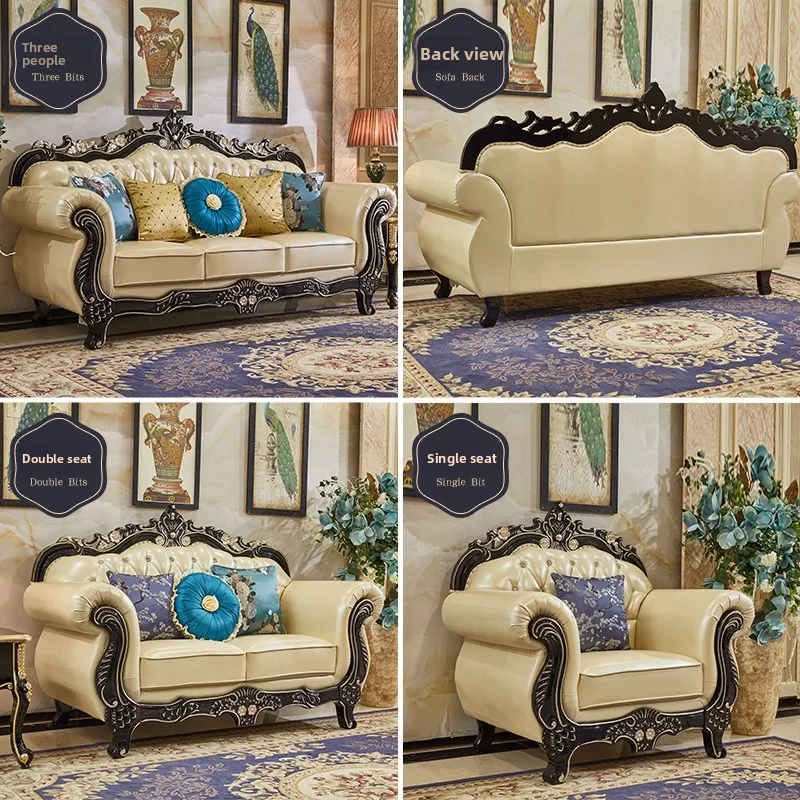 European leather sofa, first layer cowhide combination living room luxury ebony size apartment solid wood carving flower