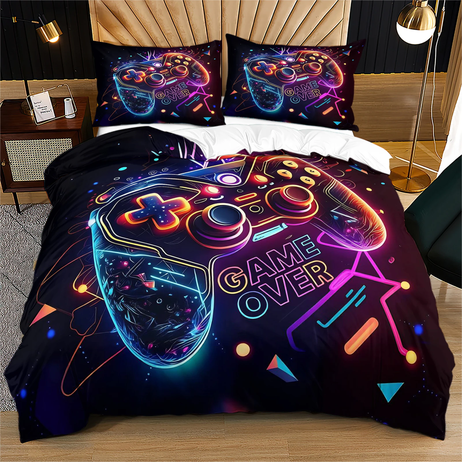 Color Neon Outline Gamepad GAME OVER Full Print Duvet Cover Set Modern Cyber Gaming Duvet Pillowcase Set