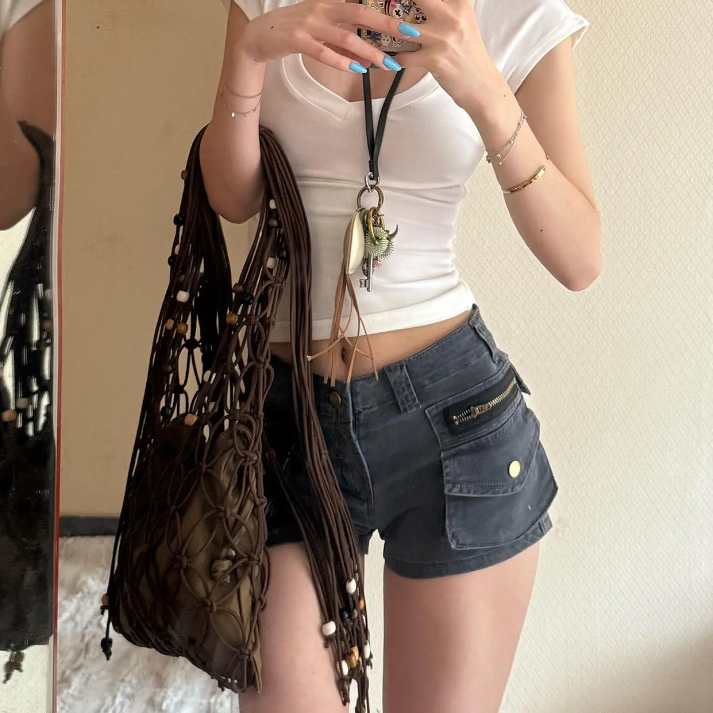 Retro Low Waist Denim Shorts Women's Street Style Hot Pants Tight Elastic Multi Pocket Bodycon Casual Shorts Cotton Blend