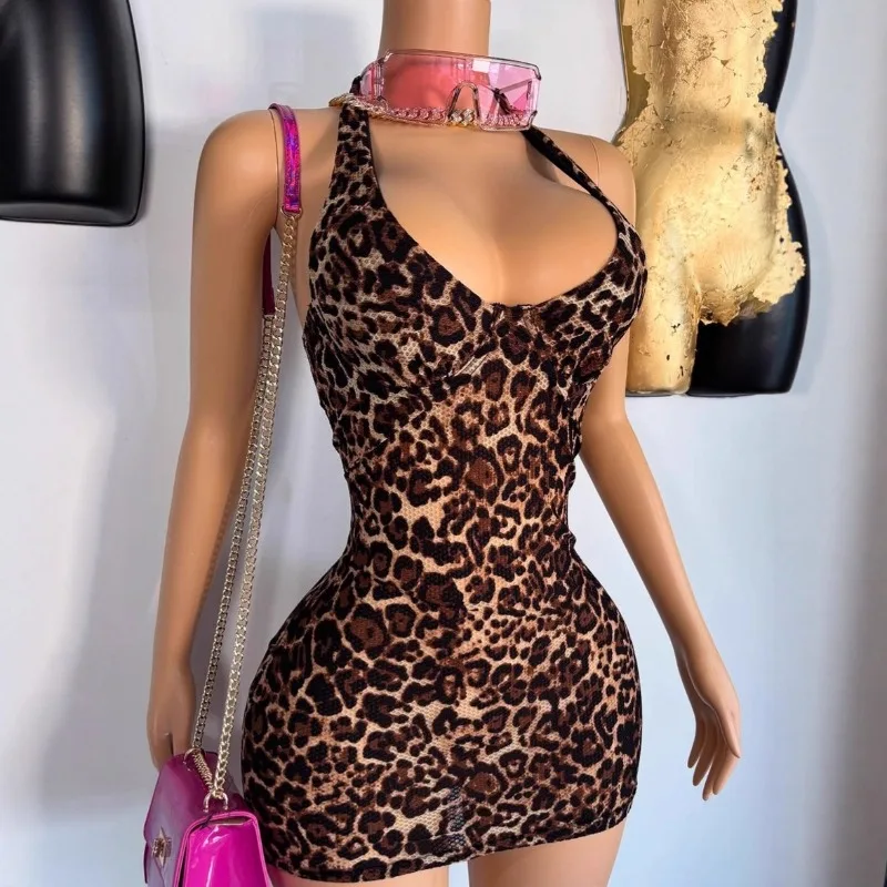 المرأة البرية مثير ليوبارد طباعة Bodycon فستان قصير الخامس الرقبة أكمام الدانتيل يصل الرسن عارية الذراعين ليلة كلوبوير سليم ملابس الحفلات