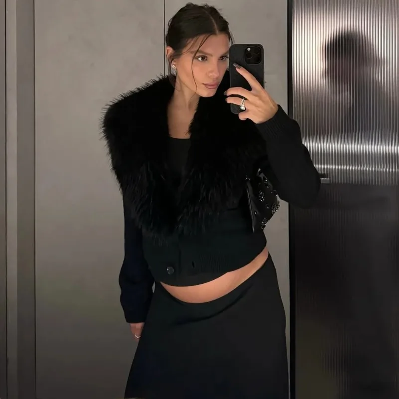 Talenza Women's Black Fleece Cardigan Fashion Elegant Long-Sleeved Patchwork Slim Sweaters Vintage Streetwear Female Outerwear