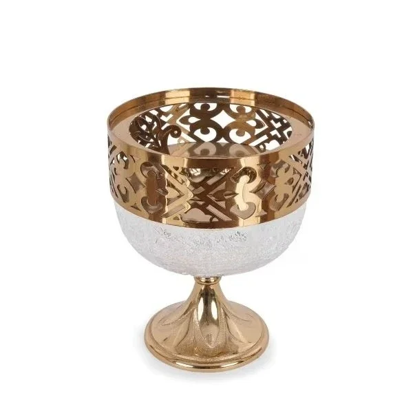 Elegant gold brass incense burner, tall crystal body and intricate decorative patterns, suitable for luxurious interiors