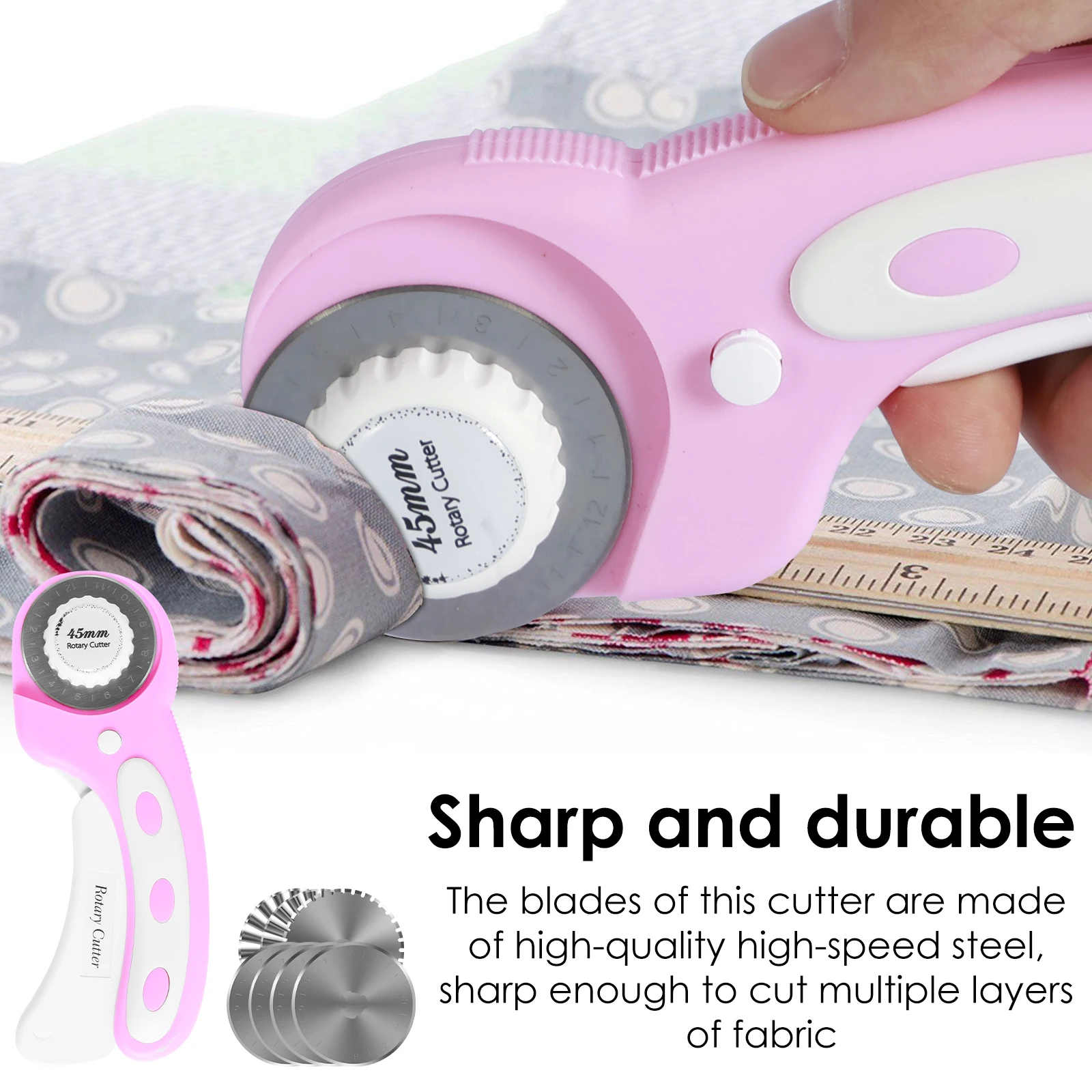 45mm Rotary Cutter with 7 Replacement Blades Practical Fabric Cutter with Ergonomic Handle Safety Button Multifunctional Fabric