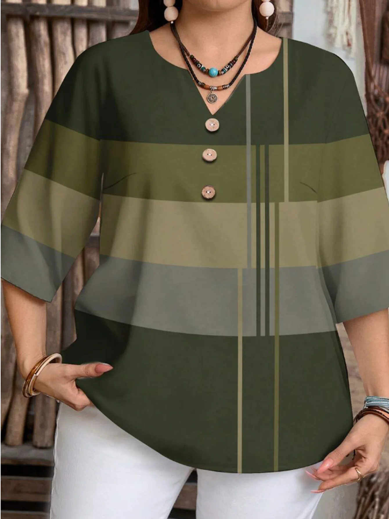 Plus-Size Damen Color-Block Minimalistisches Casual Kurzarm-Shirt Gestreiftes Halbarm-Oberteil Geeignet für Sommer und Herbst – Detail 8