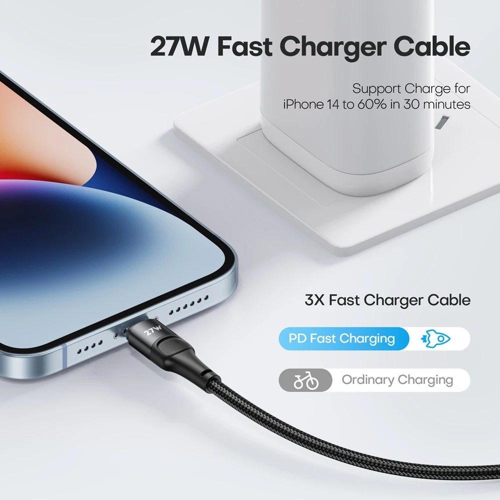Cavo USB tipo C PD da 27 W per iPhone 14 13 12 Pro Max Mini Xs Xr X 8 IPad MacBook Cavo di ricarica rapida da tipo C per cavo di illuminazione