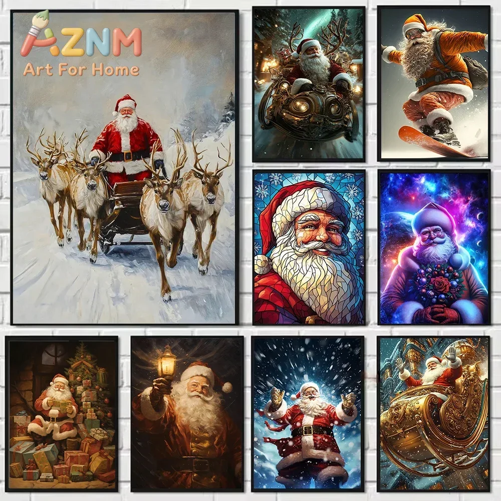 Vintage Santa Claus Portrait Canvas Painting Deer Car Toy Cookie Christmas Wall Decor Home Decor Poster