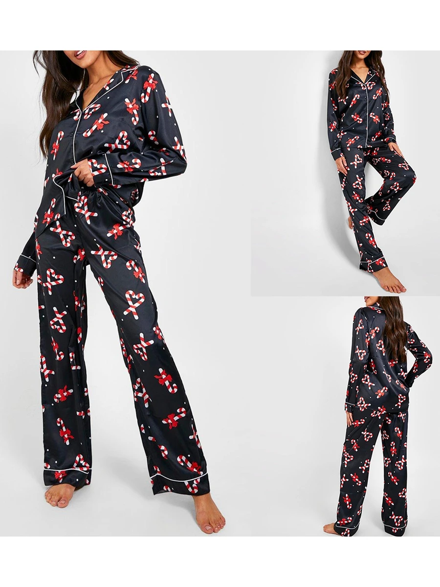 Women Christmas Pajamas Lounge Set Candy Cane Print Long Sleeve Shirts Tops and Pants 2 Piece Loungewear Outfits