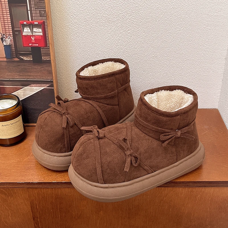 

Женские зимние теплые зимние ботильоны, пушистые ботинки с милым узлом-бабочкой, женская плюшевая повседневная обувь, женская обувь без шнуровки из коровьей замши