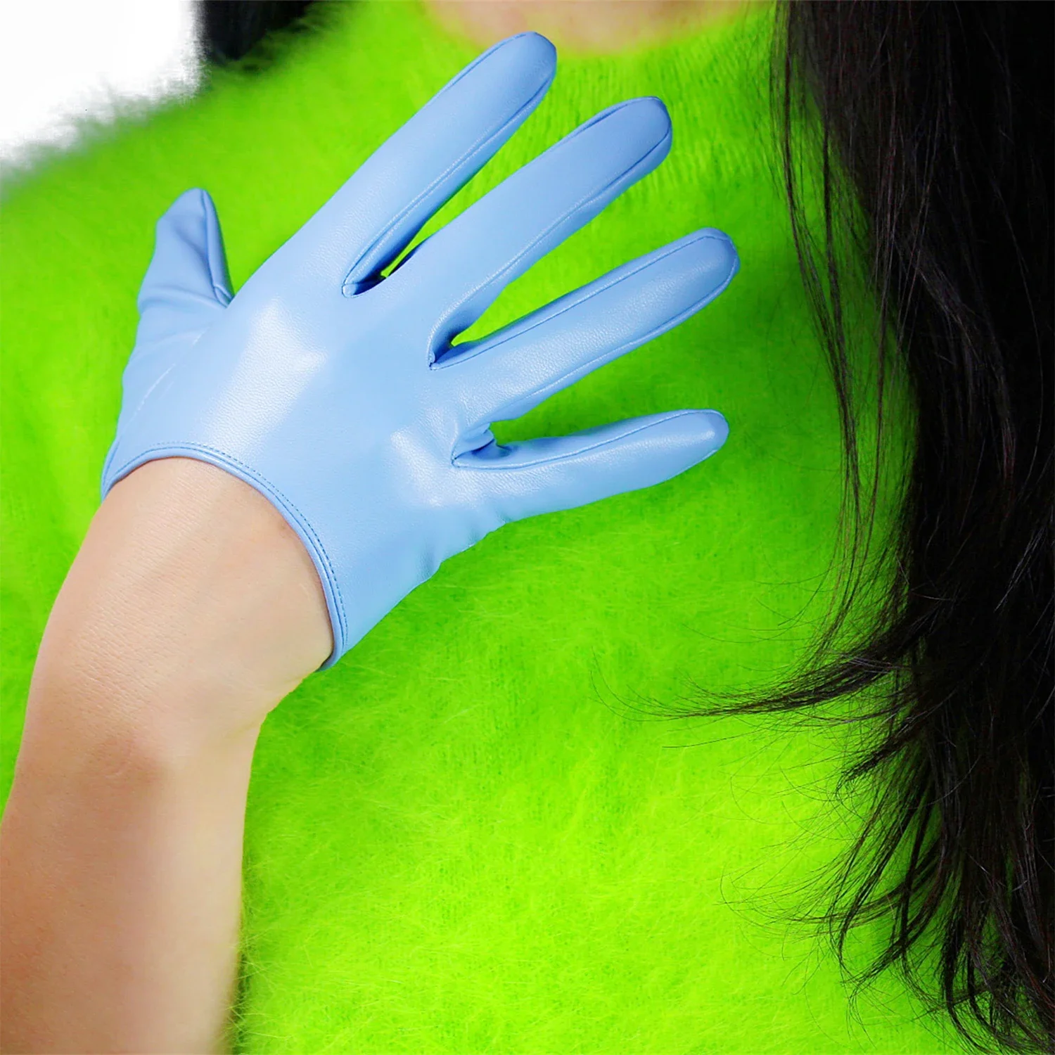 Women's Super Short Half Palm Gloves 13cm Faux PU Leather Light Baby POWDER BLUE Evening Prom Cosplay Christmas Nightclub Glove