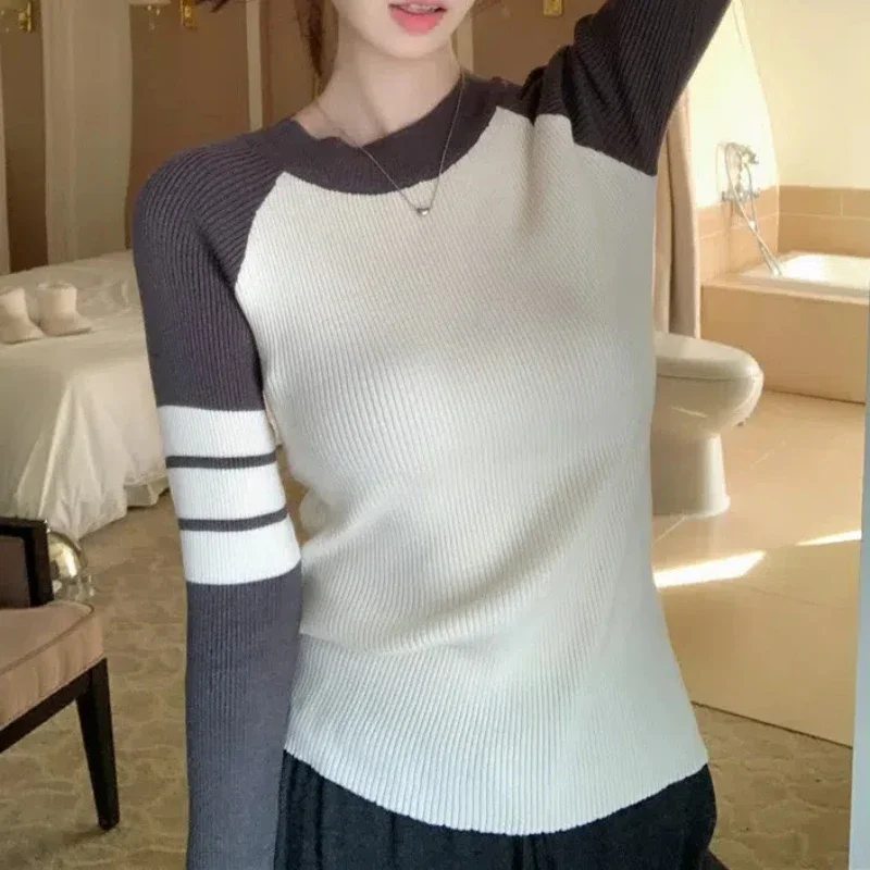 

All-match Korean Fashion Women's Crew Neck Spring Autumn Contrast Color Screw Thread Pullover Sweater Knitted Casual Tops