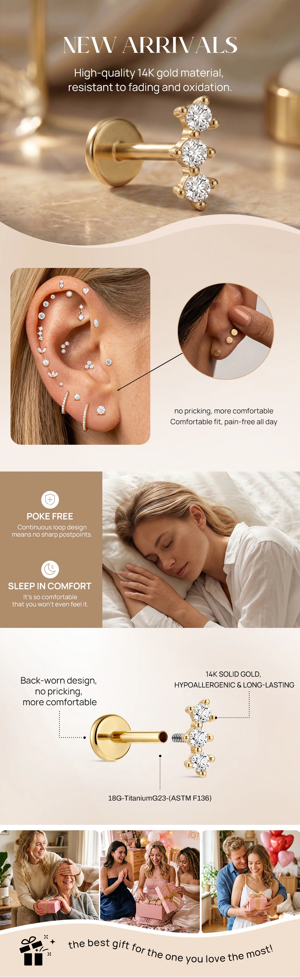 AIDE Mini-Piercing-Ohrringe aus 14-karätigem massivem Gold, glänzend, Herz-/rund-/sternförmig, für Damen, in verschiedenen Größen, klassischer Hochzeits- und Brautschmuck, luxuriöser Schmuck – Detail 11
