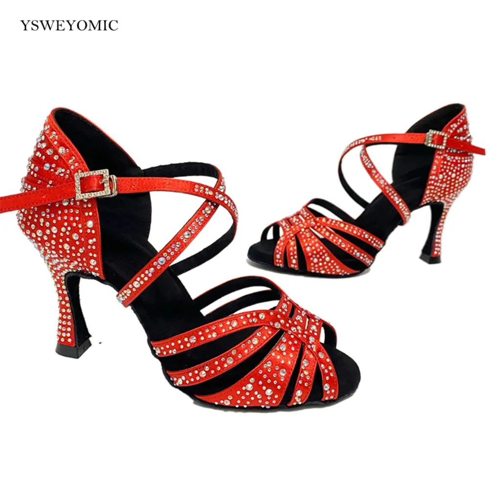 Red Rhinestones Salsa Dance Shoes 9cm Heel 2023 Winter Style Sexy Latin Ballroom Dance Party Sandels For Women