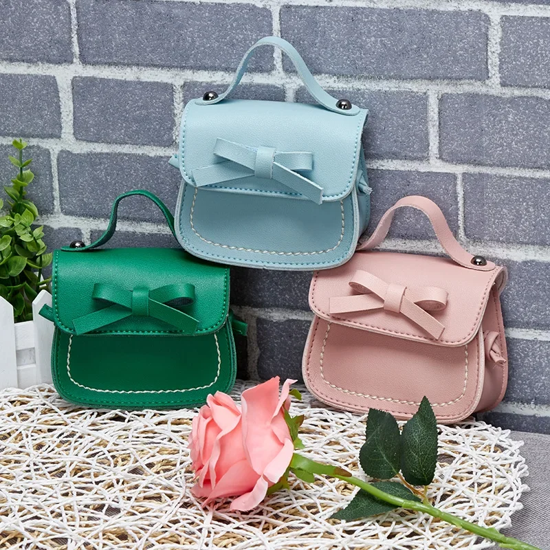 New Cute Leather Baby Messenger Bags Children Kids Girls Princess Shoulder Bag Handbag Solid Bowknot Princess Coin Purses Gift