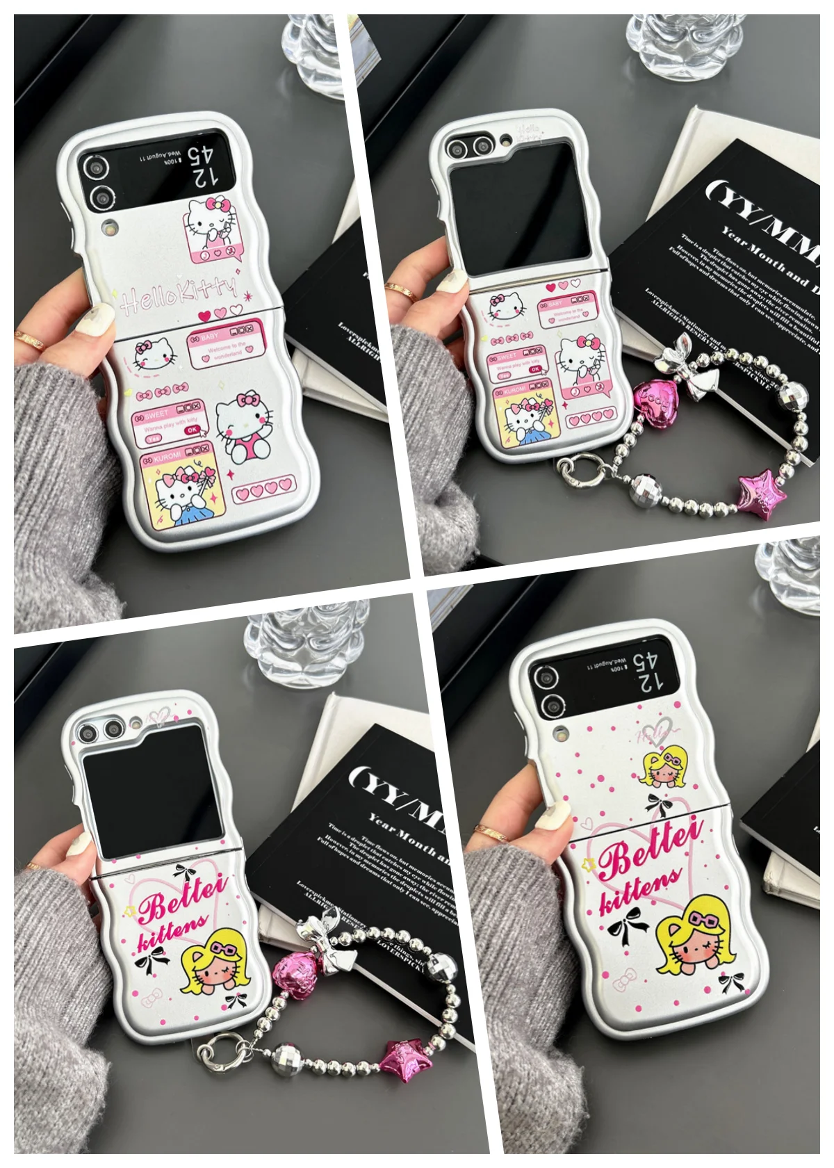 Luxury Silver Plating HelloKitty with Lanyard Phone Case for Samsung Galaxy ZFlip 6 5 4 3 Hard Anti-drop Back Cover Funda Sanrio