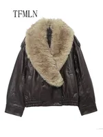 TFMLN 2025 Winter Women Loose Faux Leather Jacket Fashion Removed Big Fur Collar Causal Coat High Street Double Breasted Outwear 3