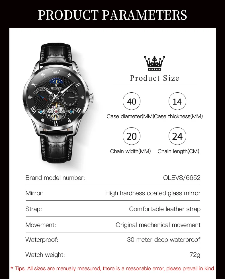 OLEVS 6652 ساعات للرجال الجوف القمر المرحلة التقويم القمر المرحلة مضيئة الهيكل العظمي دولاب الموازنة التلقائي الميكانيكية ساعات رجالية