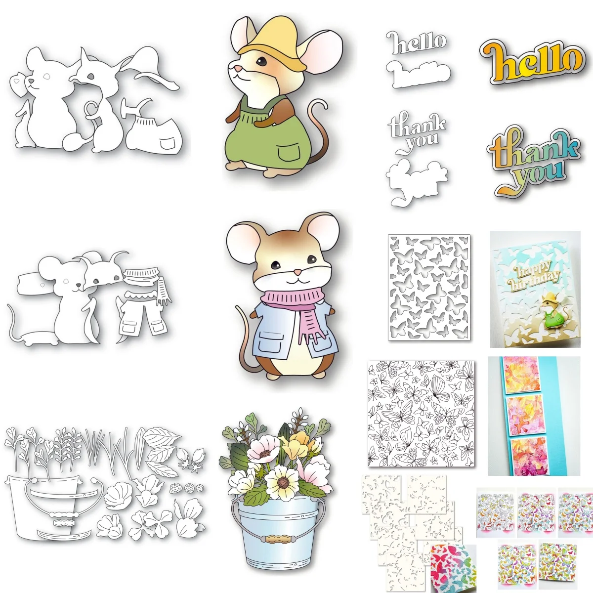 

Mouse Butterfly Garden Flowers Happy Birthday Metal Cutting Dies Clear Stamps Stencils for DIY Make Card Scrapbook Embossed