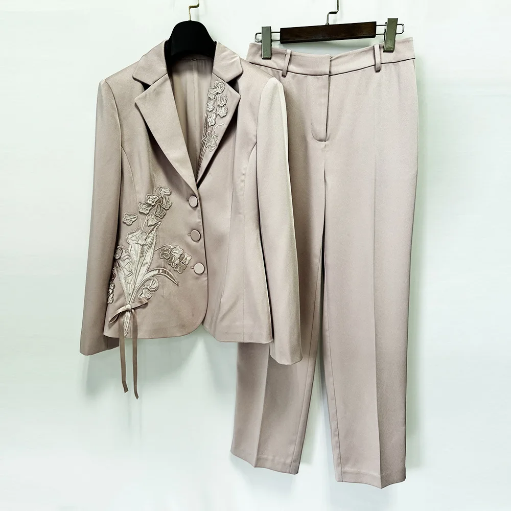 HIGH QUALITY Newest 2026 Designer Runway Suit Set Women's Stunning Beading Flower Embroidery Pants Set
