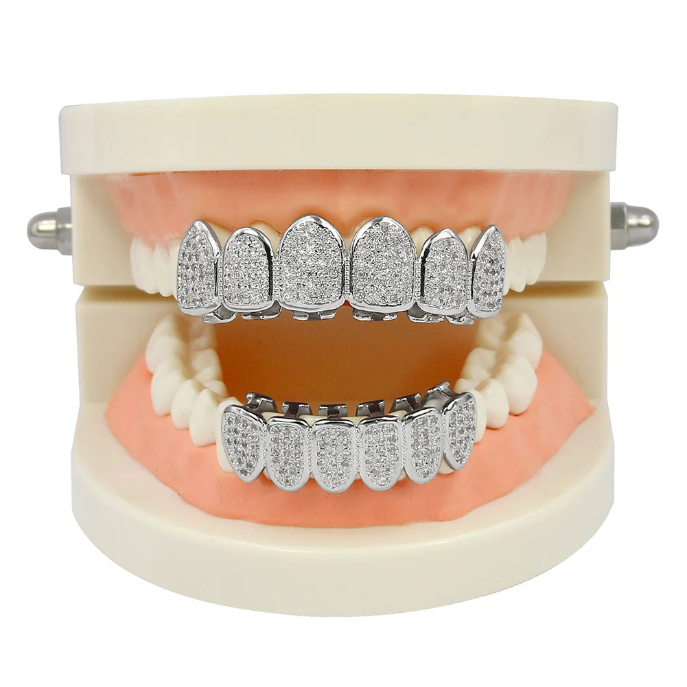 RACHELZ Hip Hop 6/6 Zircão Cúbico Dentes Grillz Moda Ouro Prata Cor CZ Pedra Tampas de Dentes Para Homens Mulheres Jóias Presente de Halloween