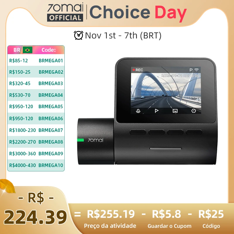 70mai Dash Cam A200 1080P 2 ''tela IPS Gravação de canal duplo 70mai Carro DVR A200 24H Monitor de estacionamento 130 ° Visão noturna FOV