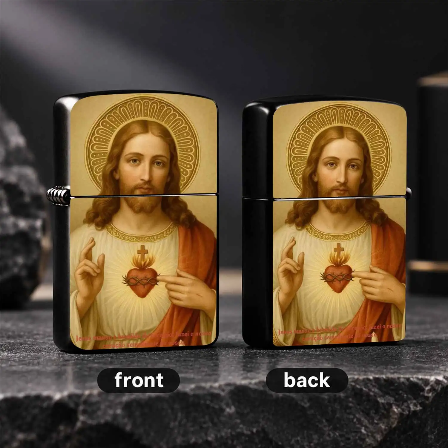 Vintage Sacred Heart Jesus Pattern , Golden Holy Portrait Print, Durable Non-Slip Sturdy Body, Classic Fuel Refillable, Ideal Religious Faith Keepsake Present For Devotees Family Friends Collectors A Fun And Humorous Lighter