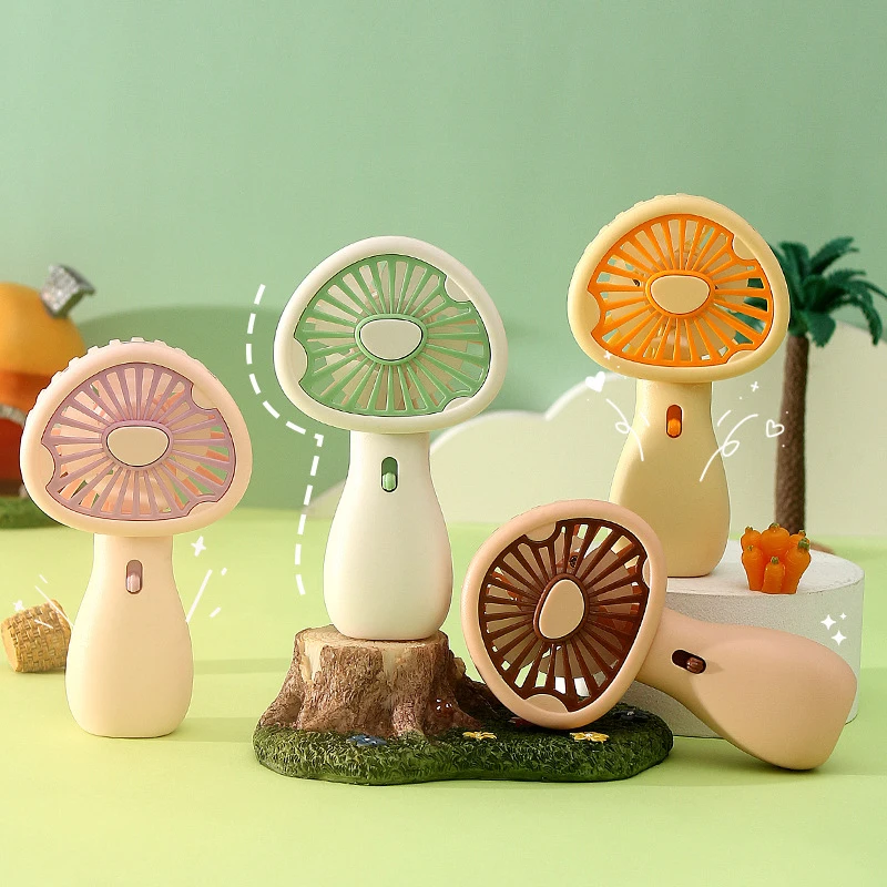 USB Rechargeable Cute Summer Mushroom Handheld Small Fan High Wind Power Mini Portable Colorful Lamp 2-speed Wind Adjustment