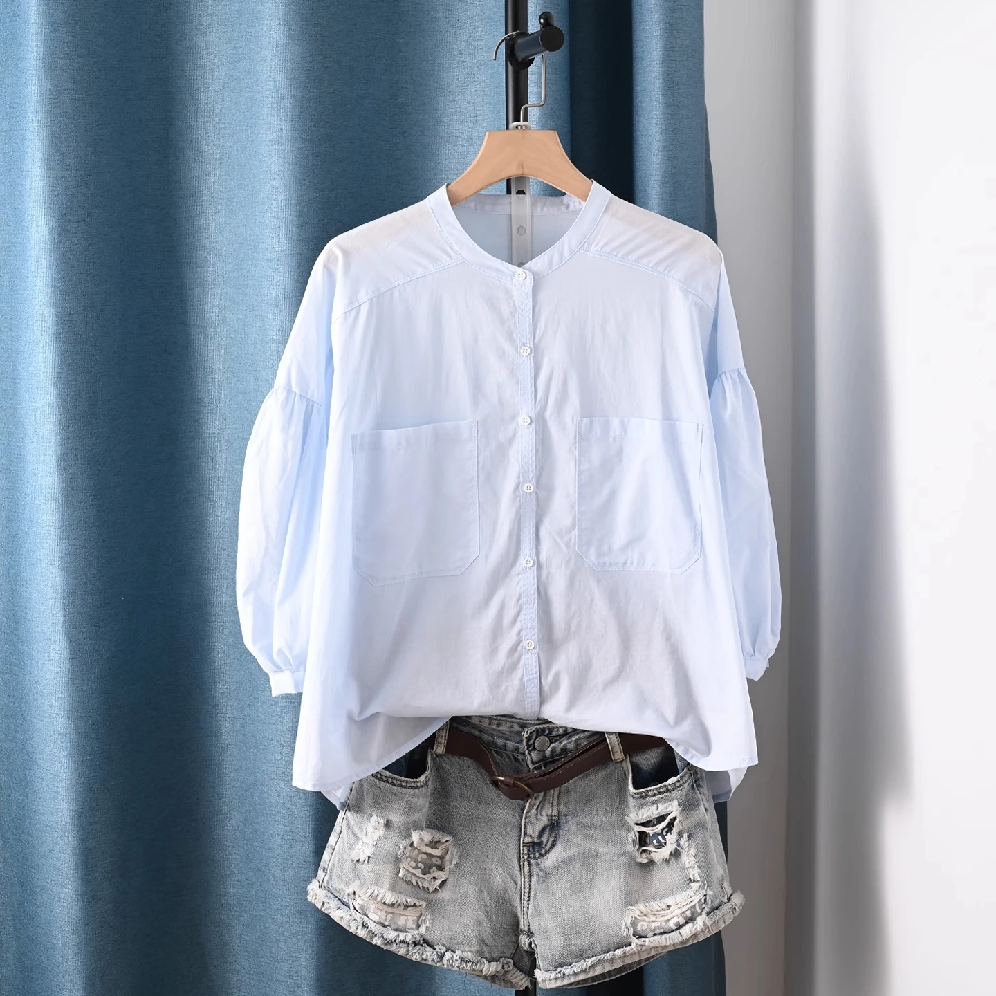 

Designer luxury brand blouse Japanese style pure cotton blue white yellow solid shirts and blouses ladies clothes