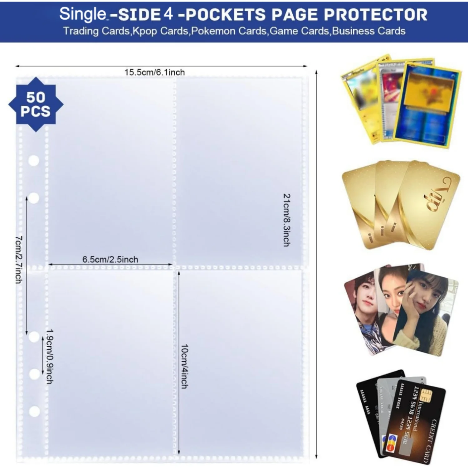 Photocard Sleeves 50 Pack 6 Ring A5 Binder Sleeves Single-Sided 1/2/4 Pocket Page Protector for Game Cards Photos Postcards