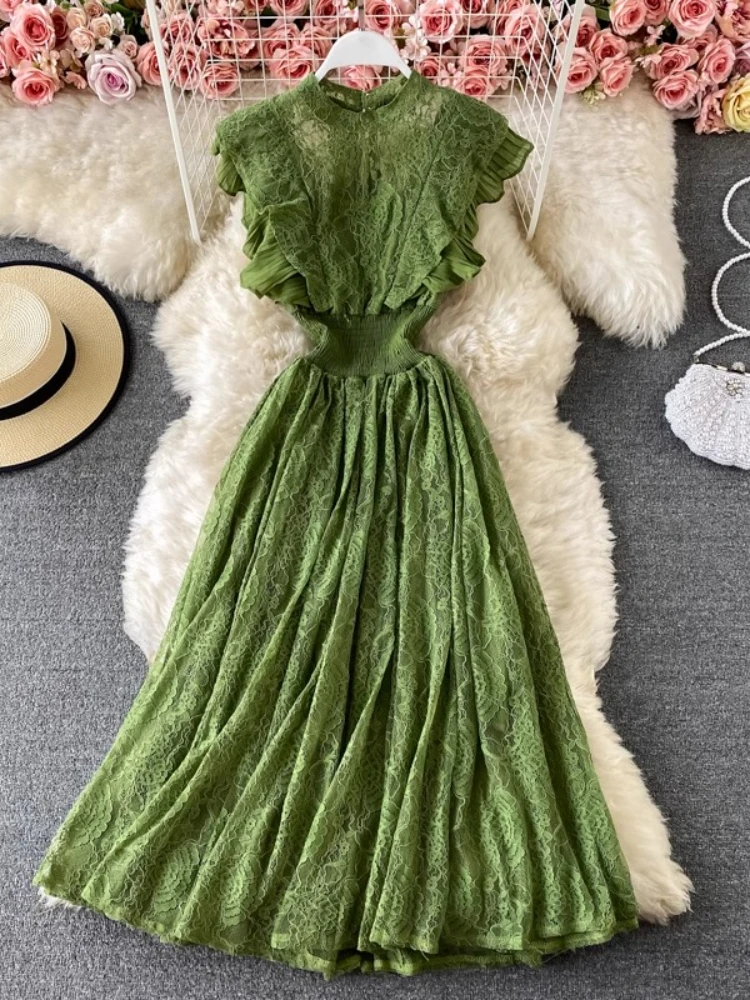 

Fashion Vintage Dress Solid Color Lace Jacquard Ruffles O Neck Sleeveless Long Dresses Summer Slim Waist Design Women's Clothing