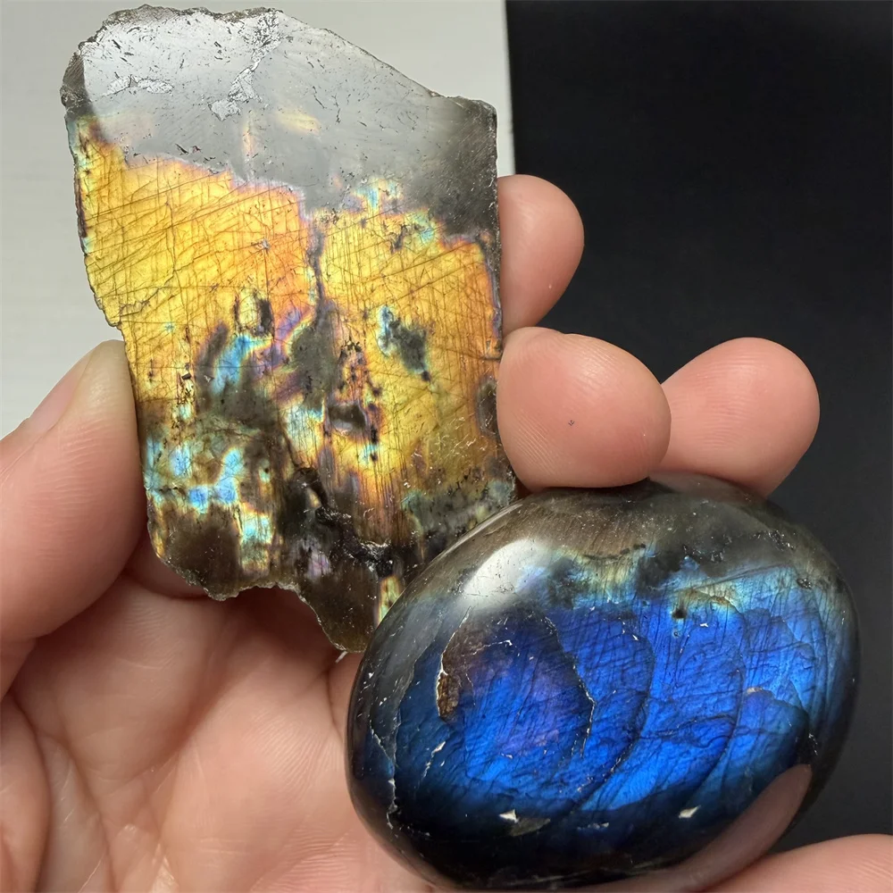 2PCS 1SET Natural Stunning Yellow Blue Light Labradorite Specimen Polished Sliced Purple Orange Light Labrador Beads Ornaments