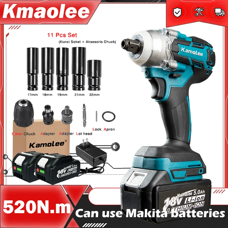 

Kamolee 520N.M Brushless Cordless Electric Impact Wrench DTW285 Dual Function Power Tool Compatible with 18V Makita Battery