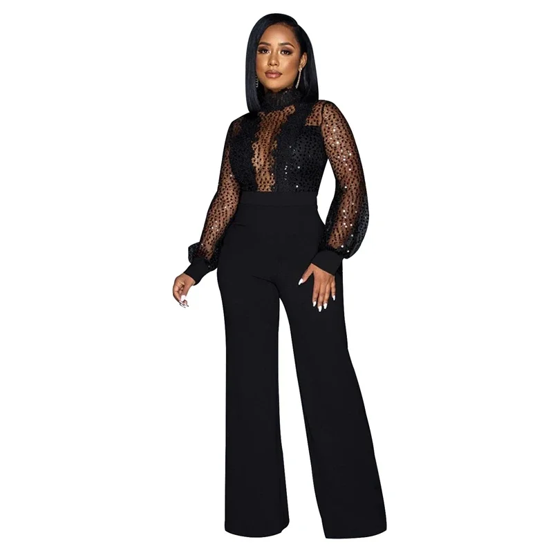 

Sparkly Sheer Mesh Sequins Jumpsuits Long Sleeve See Through One Piece Overall Wide Leg Rompers Sexy Night Club Party Bodysuit