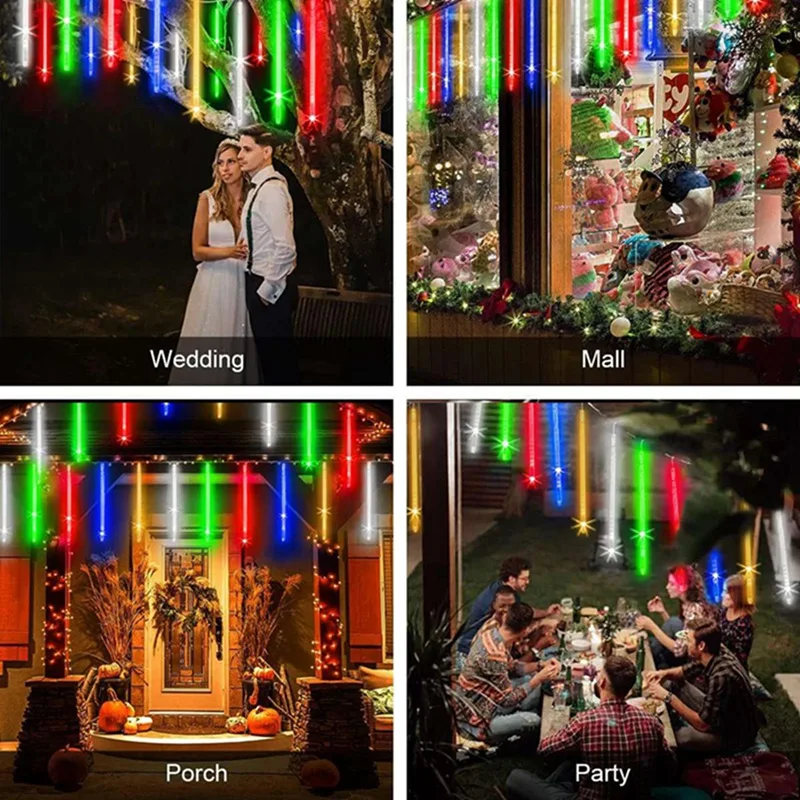 1Pack Meteor Shower Lights Outdoor 8 Tubes Falling Rain Lights Waterproof Lights For Christmas Tree Porch Yard Patio Roof Decor