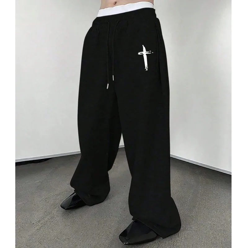 Men's Black Jogging Pants, Simple White Cross Print, Casual Sweatpants Elastic Waist Drawstring Pants Corduroy Fabric Streetwear