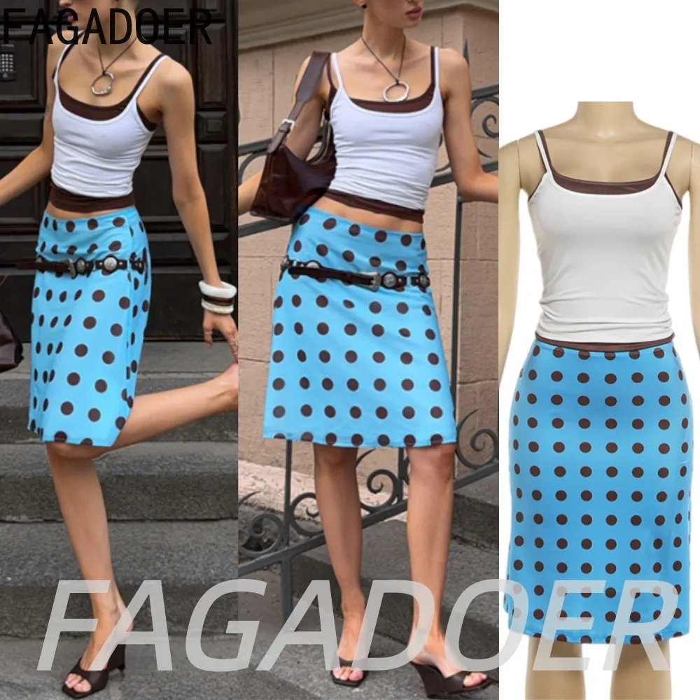 

FAGADOER Fashion Big Polka Dot Mini Skirts Sets for Summer Women Streetwear Spaghetti Strap Crop Top and Blue Skirts Outfits New