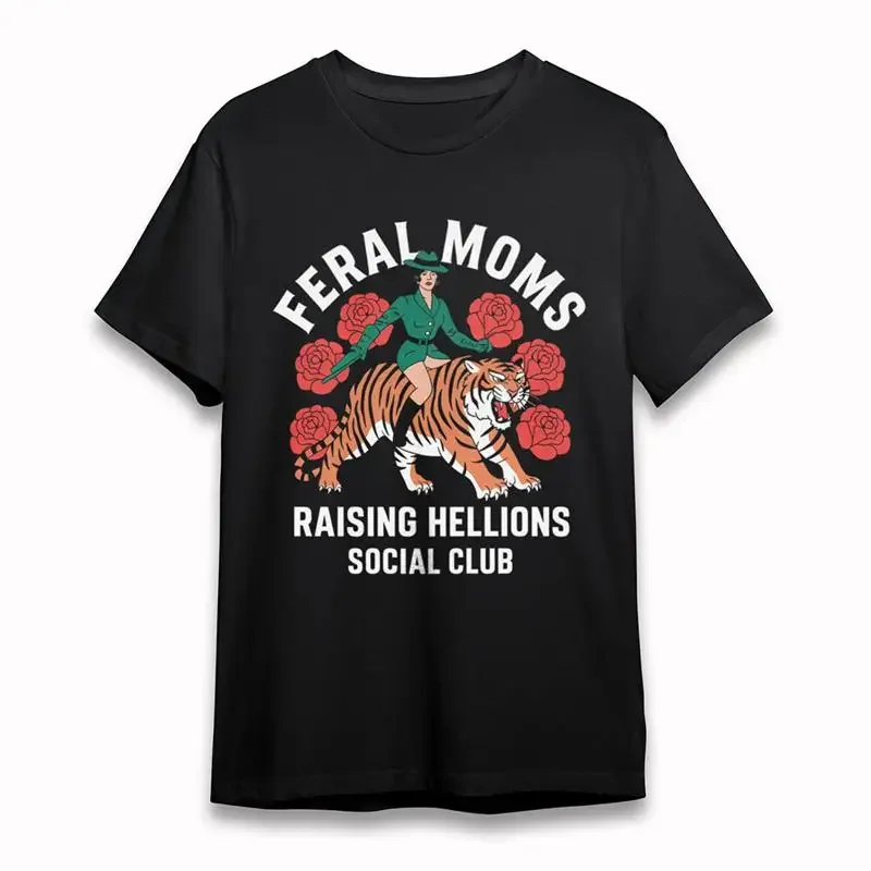 Men'S Classic T Shirt Tiger Riding Mom Cotton Black