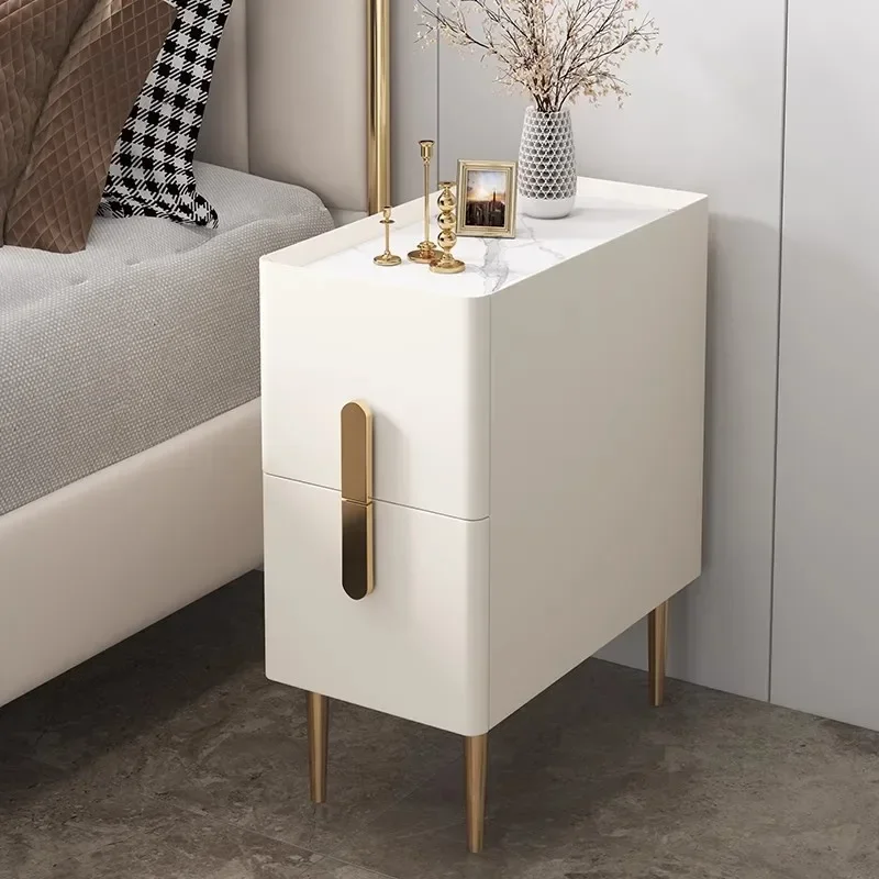 Nordic Style Bedroom Bedside Table Modern Mini Narrow Rock Surface Nightstand Self-Contained 2 Drawers Wooden Bedroom Tables