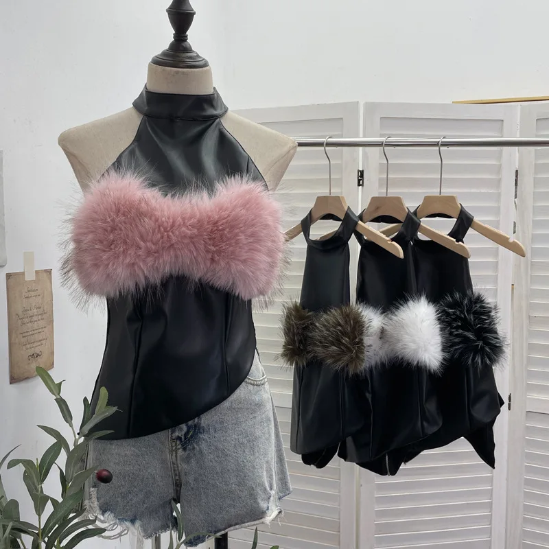 Spice Girl Plush Feather Splicing Pu Leather Neck Irregular Sling Vest Backless Crop Top Women Y2k Top