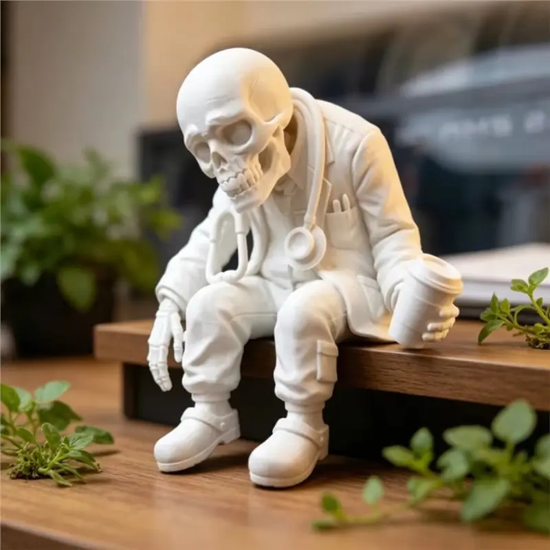 【A56X】Funny 3D-Printed Halloween Skeleton Desk Ornament Tired Medical Worker Work Figurine Doctor Statue