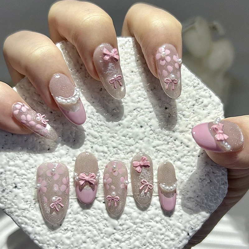 

10 Шт Балет Французский Короткие Ногти Ручной Работы Пресс На Ногтях Сладкая Девушка Сердце Лук Поддельные Ногти Съемный Многоразовые