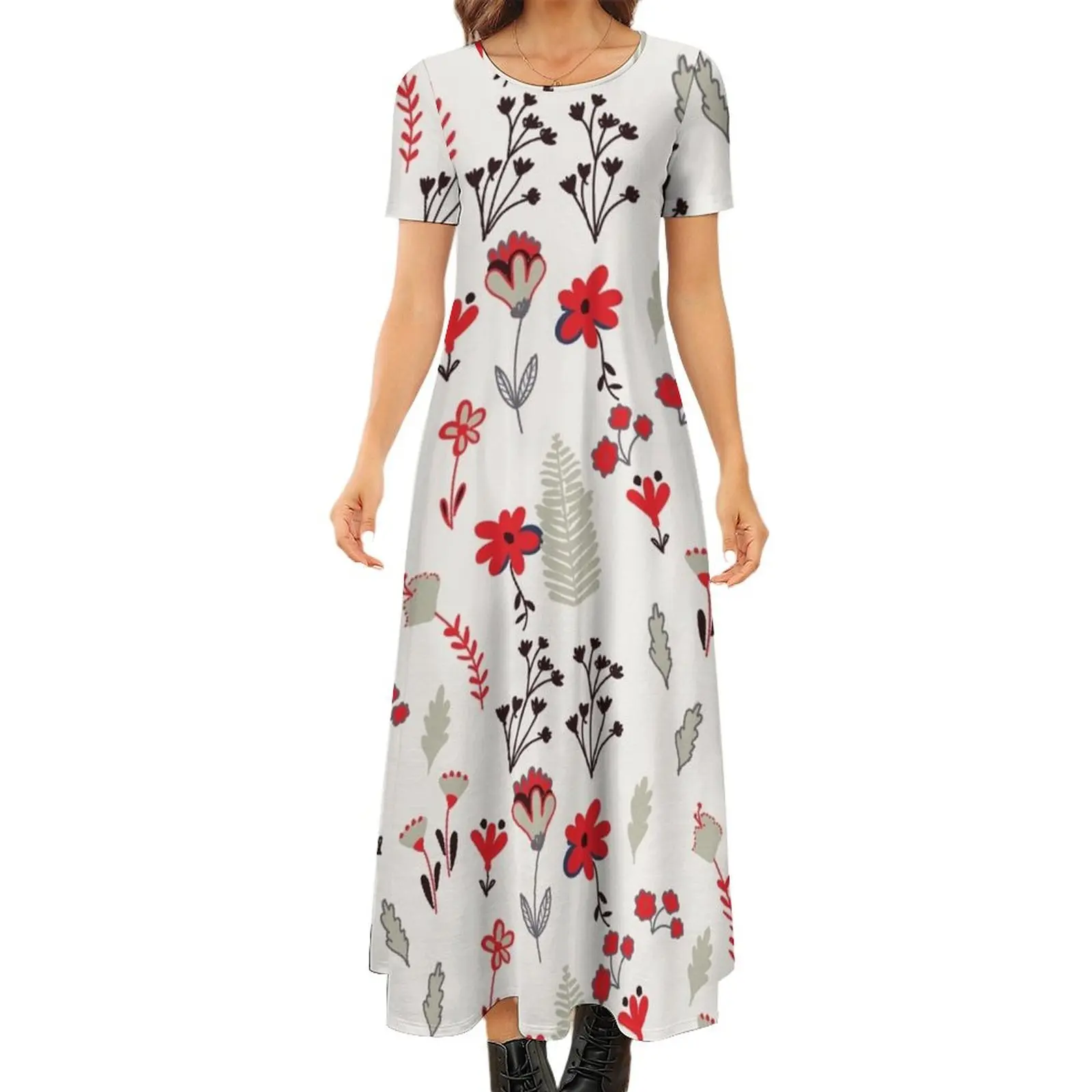 

Red Vintage Floral Pattern Round Neck Short Sleeve Dress Dress for girls evening dress prom