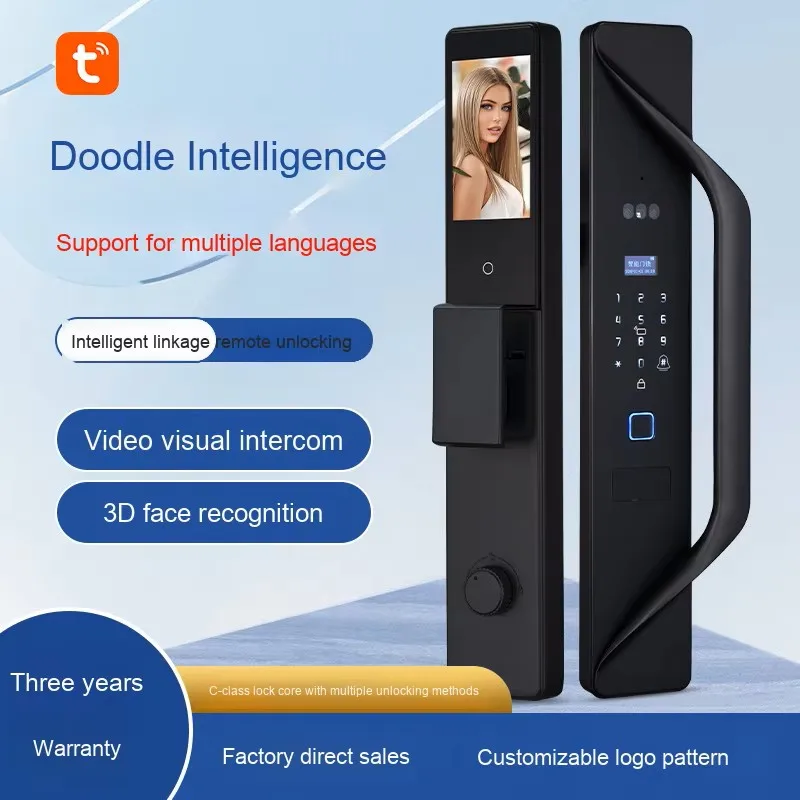 Linji Tuya App Remote Control Smart Wood Door Lock 3D Face Recognition Video Intercom Digital Key Aluminum Alloy Material WiFi